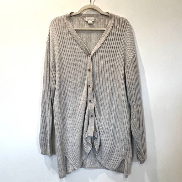 Vtg Moda Int’l Linen Cotton Blend Long VNeck Cardigan sweater Grey Large grandpa - Picture 1 of 8